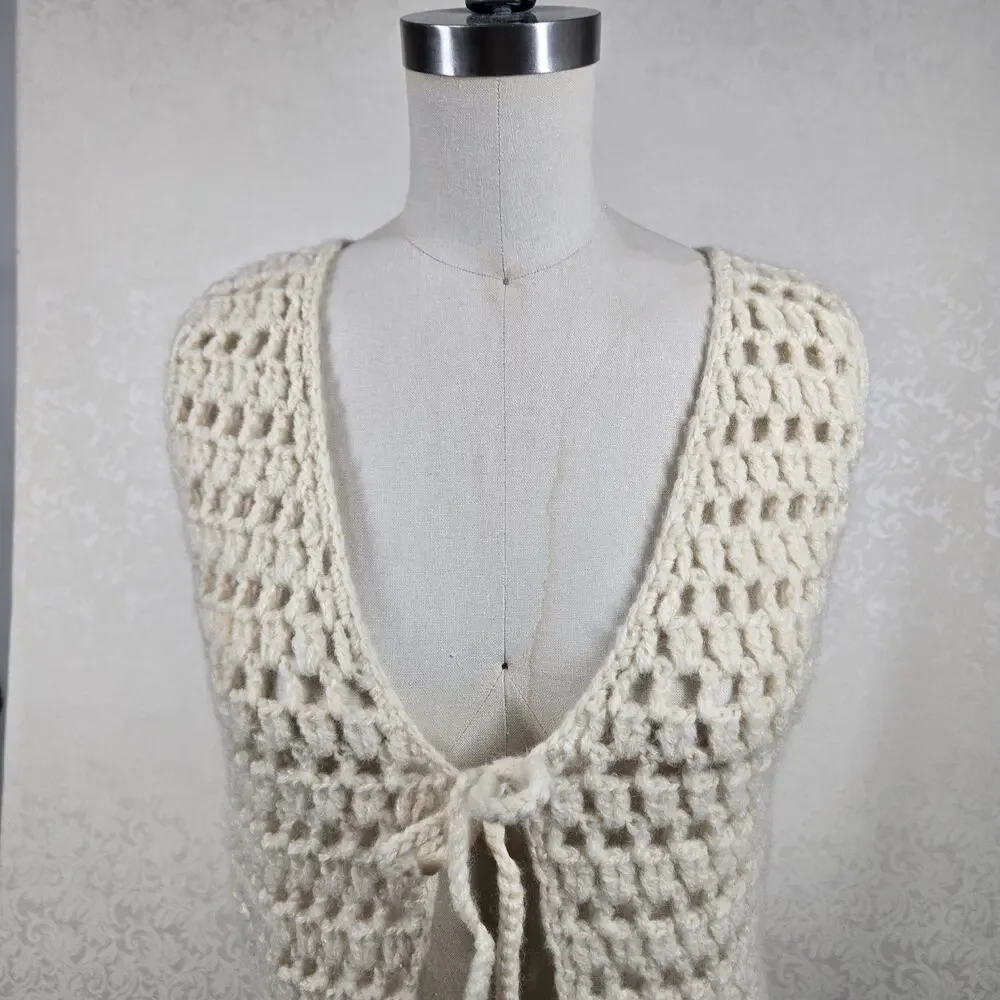 Vintage Bellariva Crochet Vest M Cream 100% Wool Italy Boho Cottagecore Festival